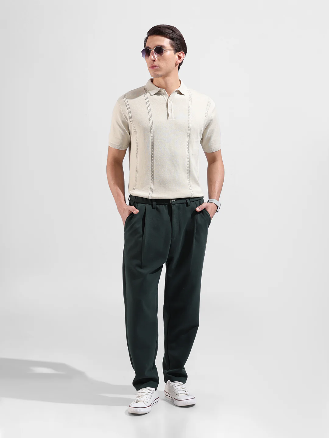Men's Cream Slim Fit Striped Flat Knit Polo T-Shirt - Image 7