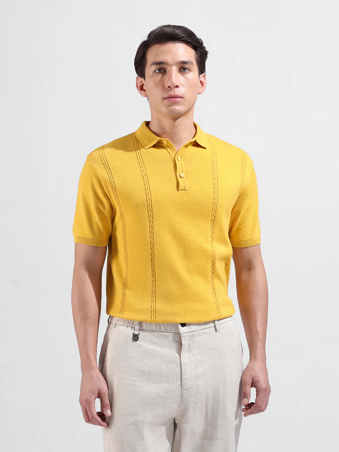Men's Yellow Slim Fit Solid Flat Knit Polo T-Shirt - Image 2
