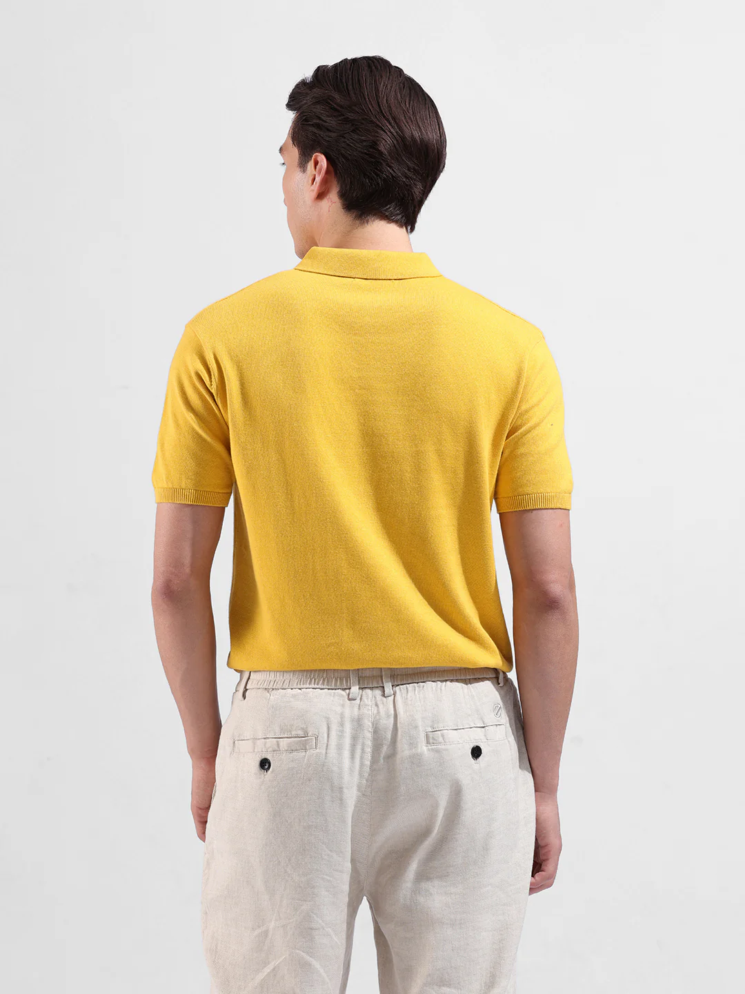 Men's Yellow Slim Fit Solid Flat Knit Polo T-Shirt - Image 6