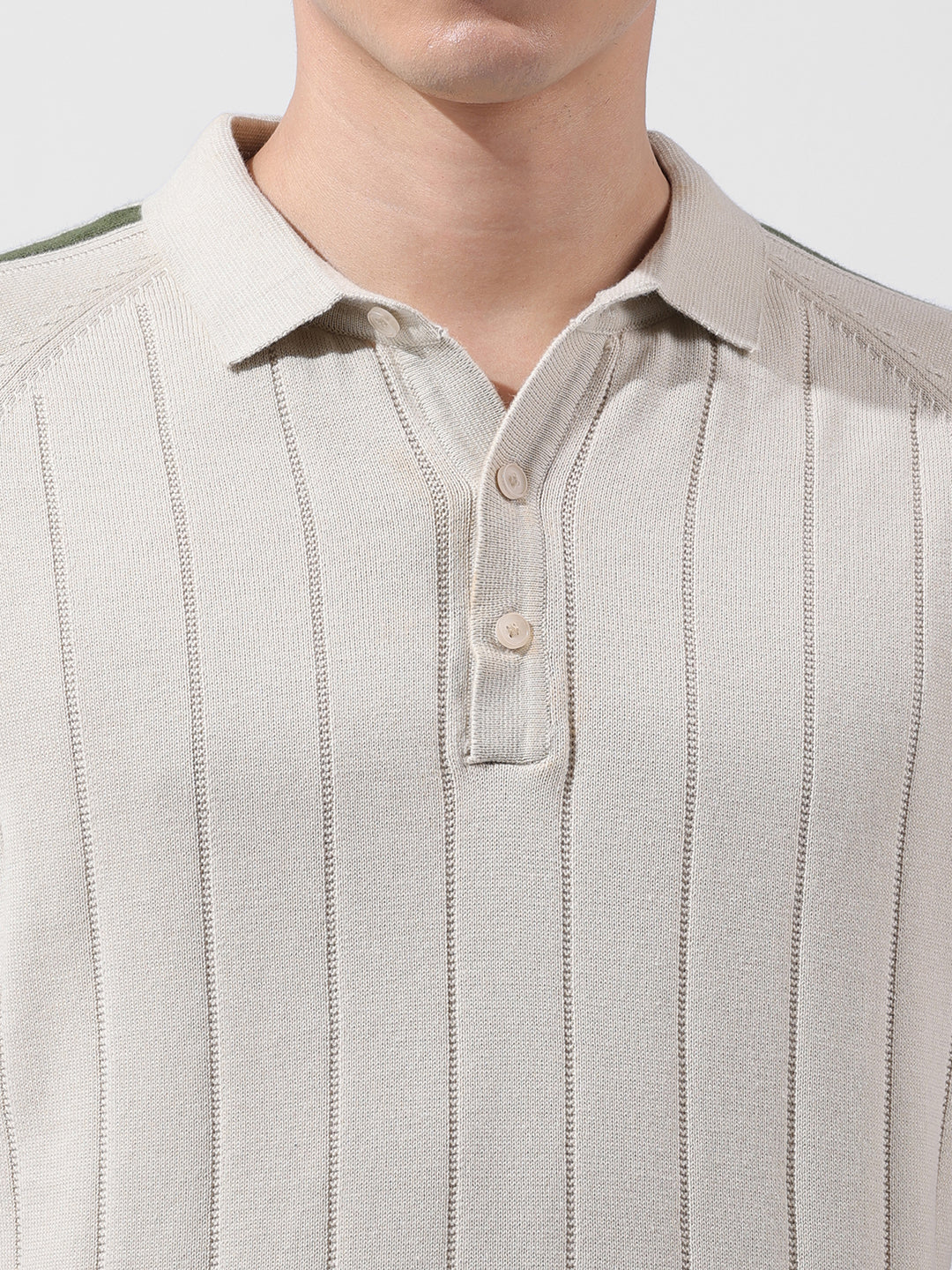 Men's Cream Slim Fit Solid Flat Knit Polo T-Shirt - Image 3