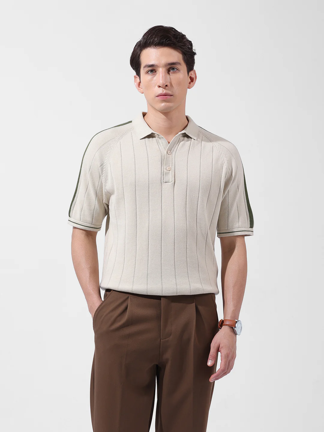 Men's Cream Slim Fit Solid Flat Knit Polo T-Shirt - Image 7