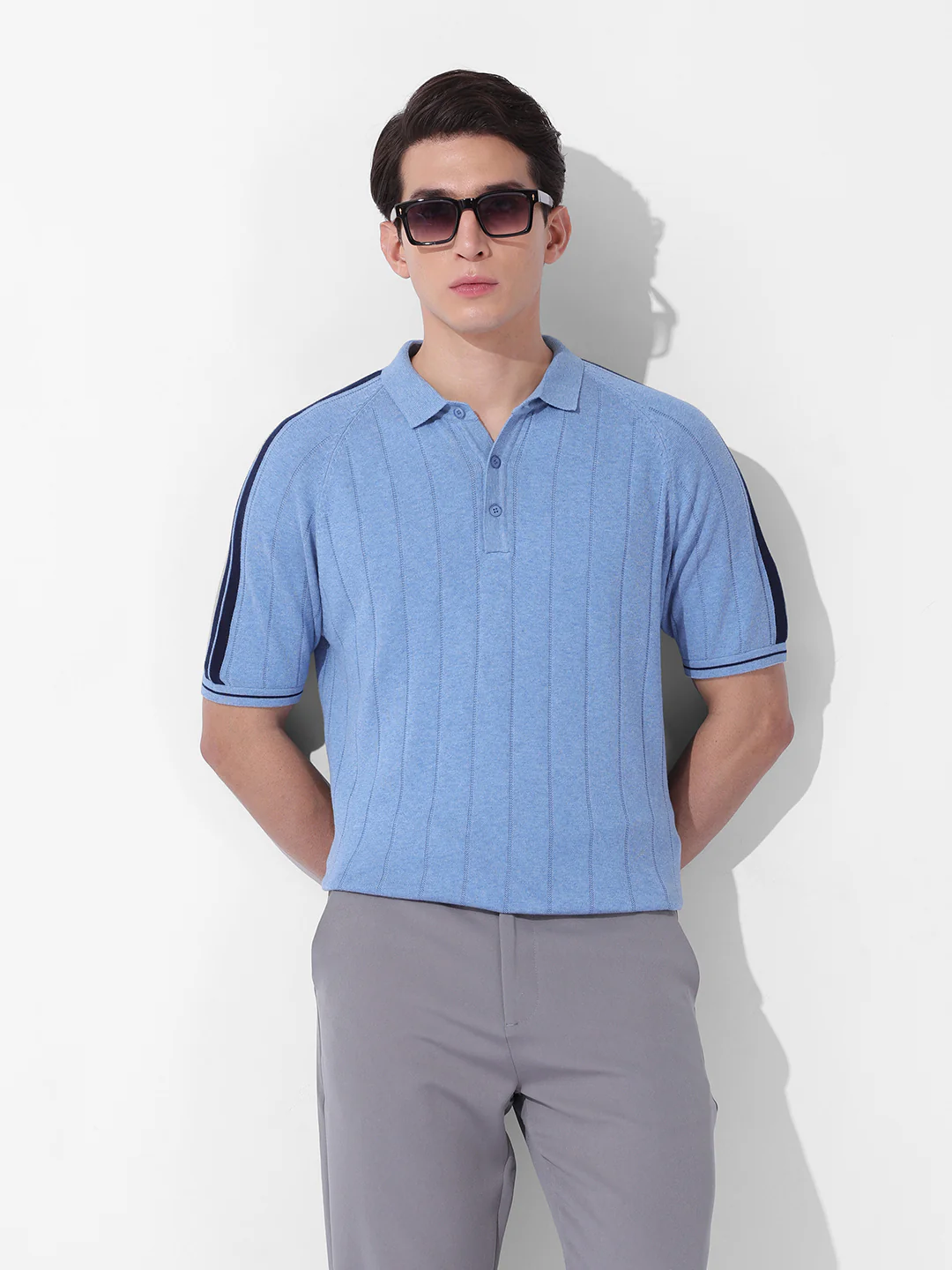 Men's Blue Slim Fit Striped Flat Knit Polo T-Shirt