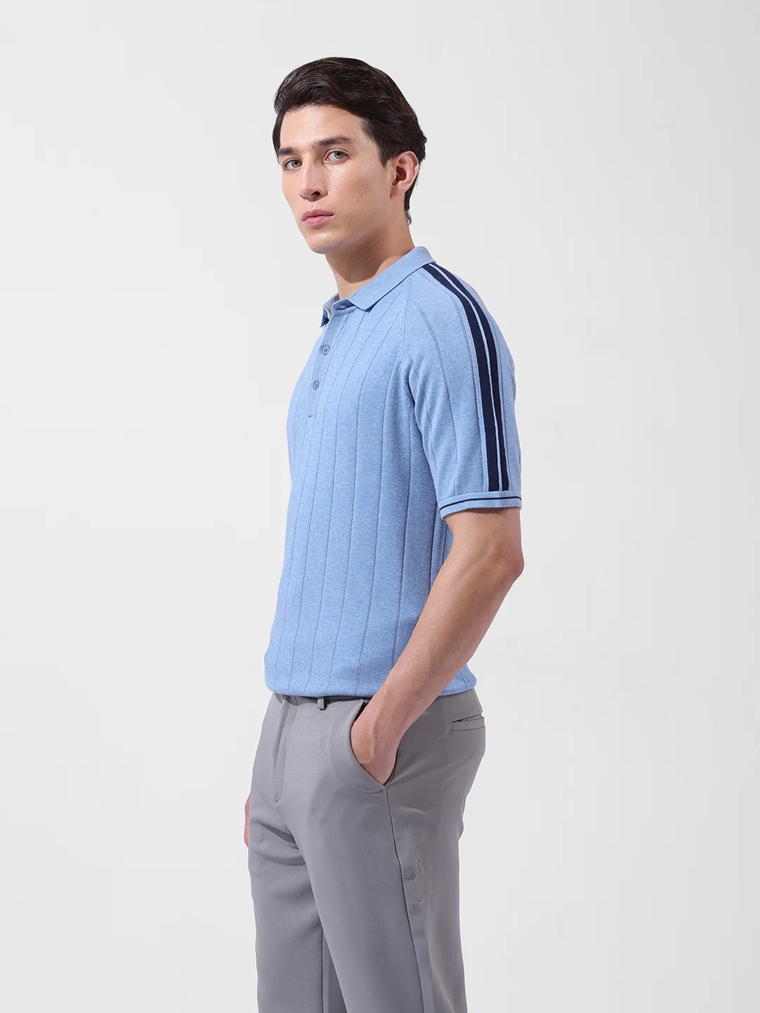 Men's Blue Slim Fit Striped Flat Knit Polo T-Shirt - Image 2