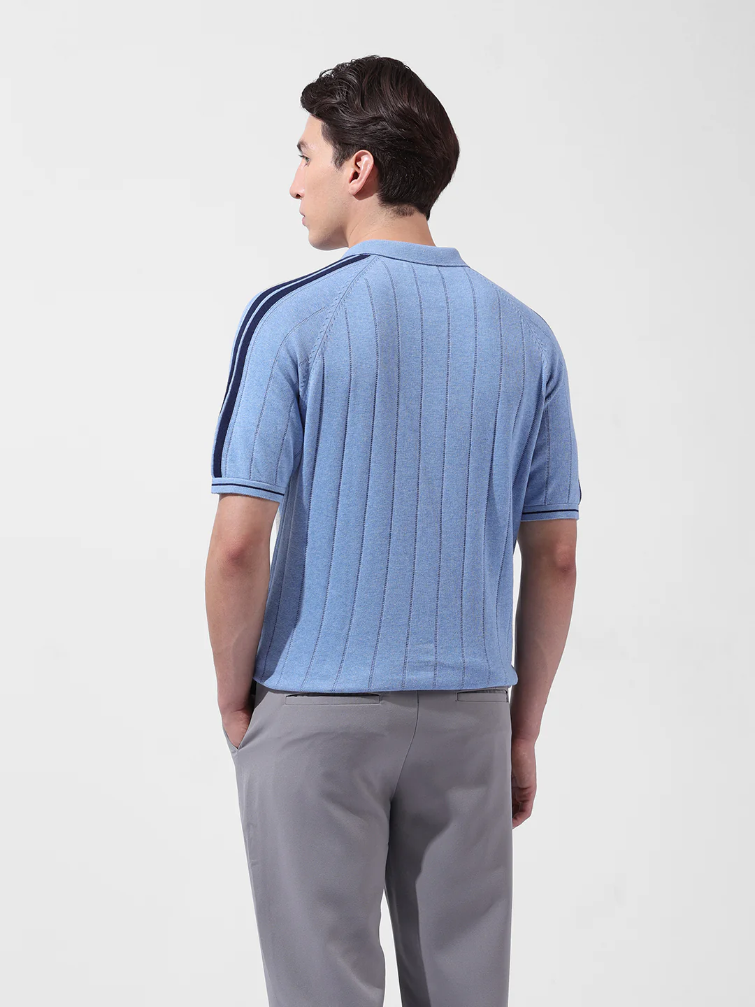 Men's Blue Slim Fit Striped Flat Knit Polo T-Shirt - Image 6