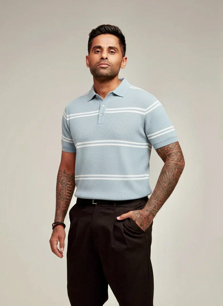 Men's Blue Slim Fit Striped Flat Knit Polo T-Shirt