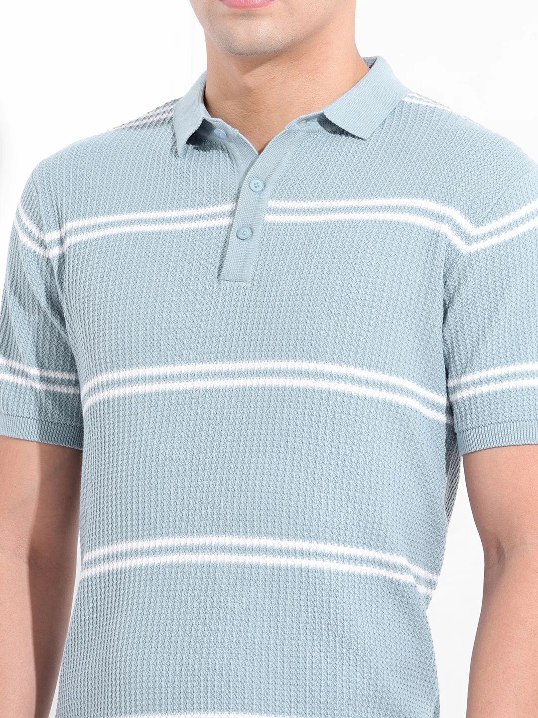 Men's Blue Slim Fit Striped Flat Knit Polo T-Shirt - Image 3