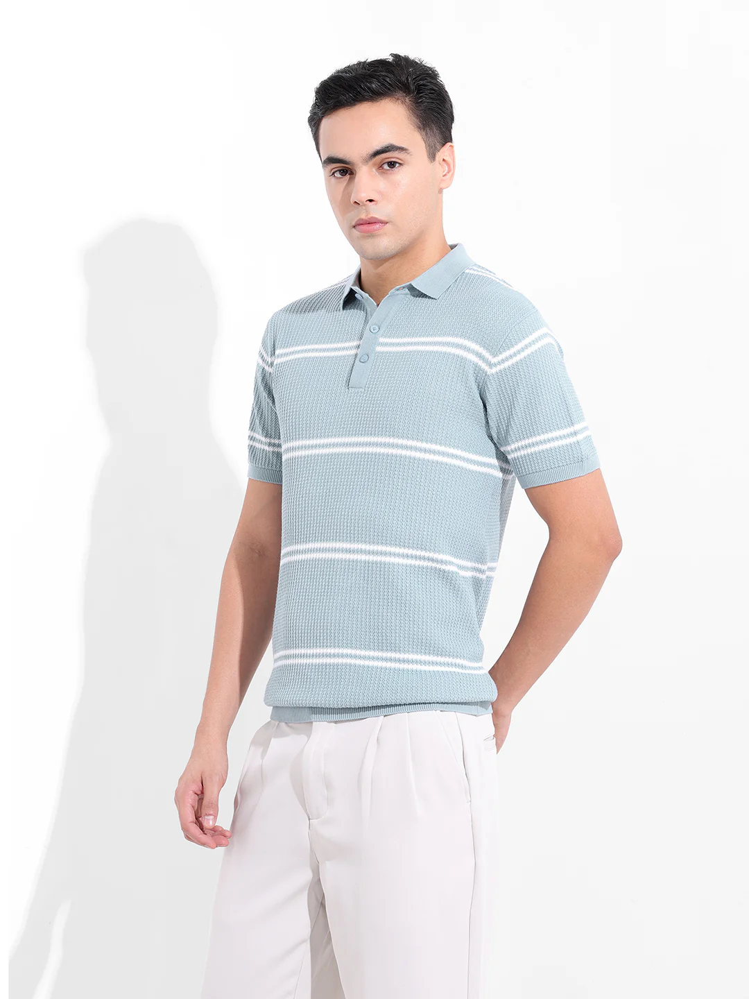 Men's Blue Slim Fit Striped Flat Knit Polo T-Shirt - Image 4
