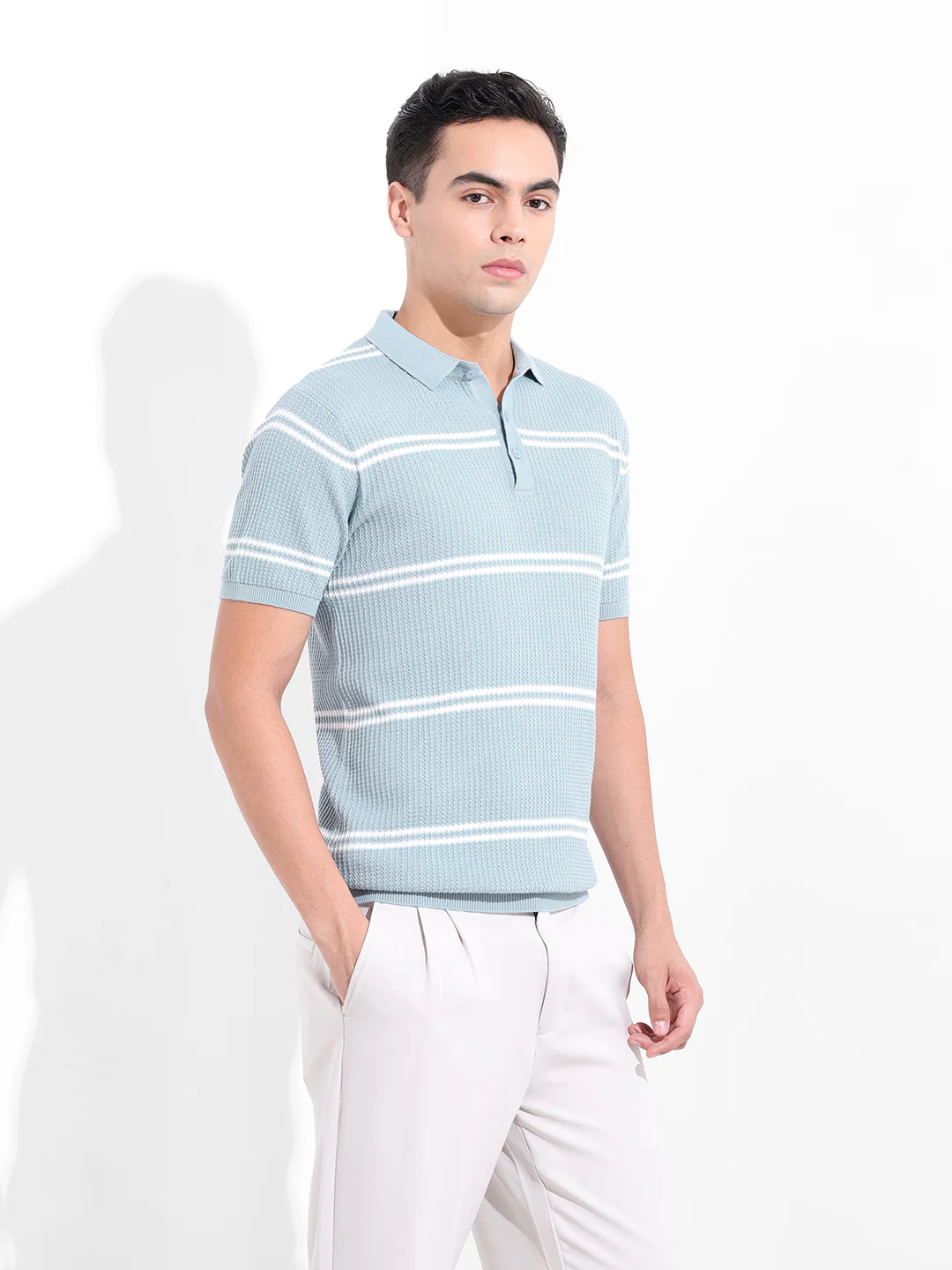 Men's Blue Slim Fit Striped Flat Knit Polo T-Shirt - Image 5