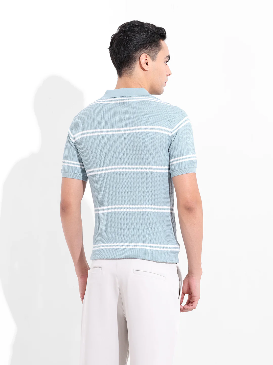 Men's Blue Slim Fit Striped Flat Knit Polo T-Shirt - Image 6