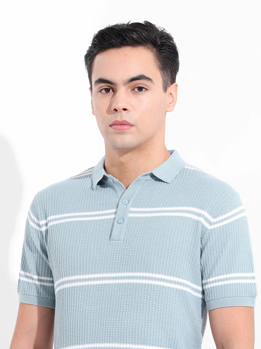 Men's Blue Slim Fit Striped Flat Knit Polo T-Shirt - Image 7