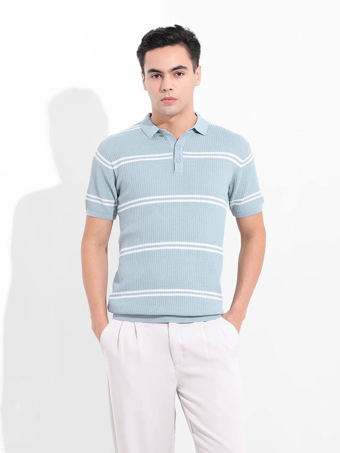 Men's Blue Slim Fit Striped Flat Knit Polo T-Shirt - Image 8