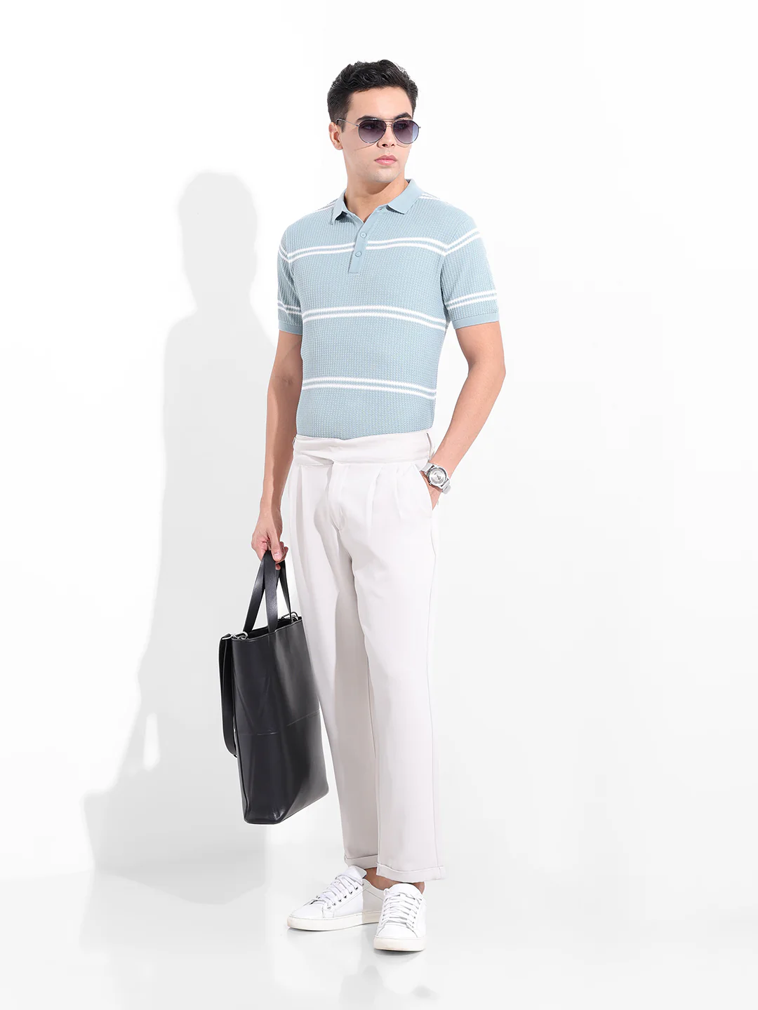 Men's Blue Slim Fit Striped Flat Knit Polo T-Shirt - Image 9
