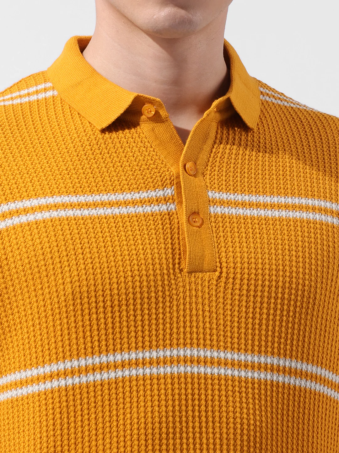 Men's Orange Slim Fit Striped Flat Knit Polo T-Shirt - Image 3