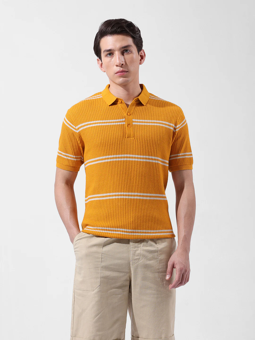 Men's Orange Slim Fit Striped Flat Knit Polo T-Shirt - Image 7