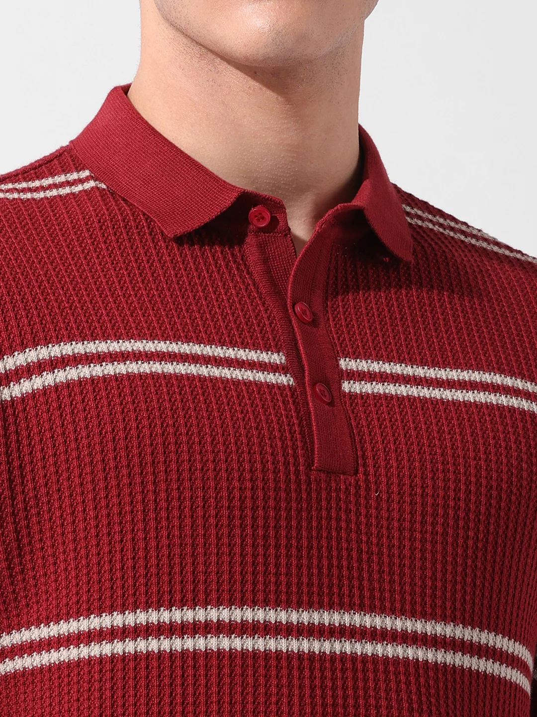 Men's Maroon Slim Fit Striped Flat Knit Polo T-Shirt - Image 3
