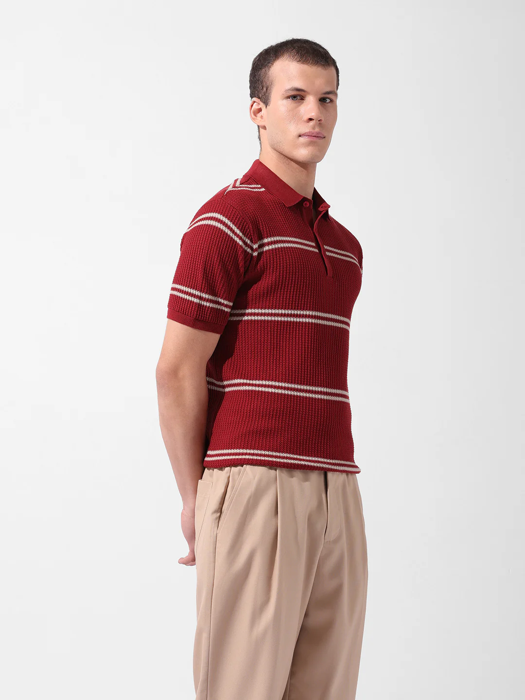 Men's Maroon Slim Fit Striped Flat Knit Polo T-Shirt - Image 4