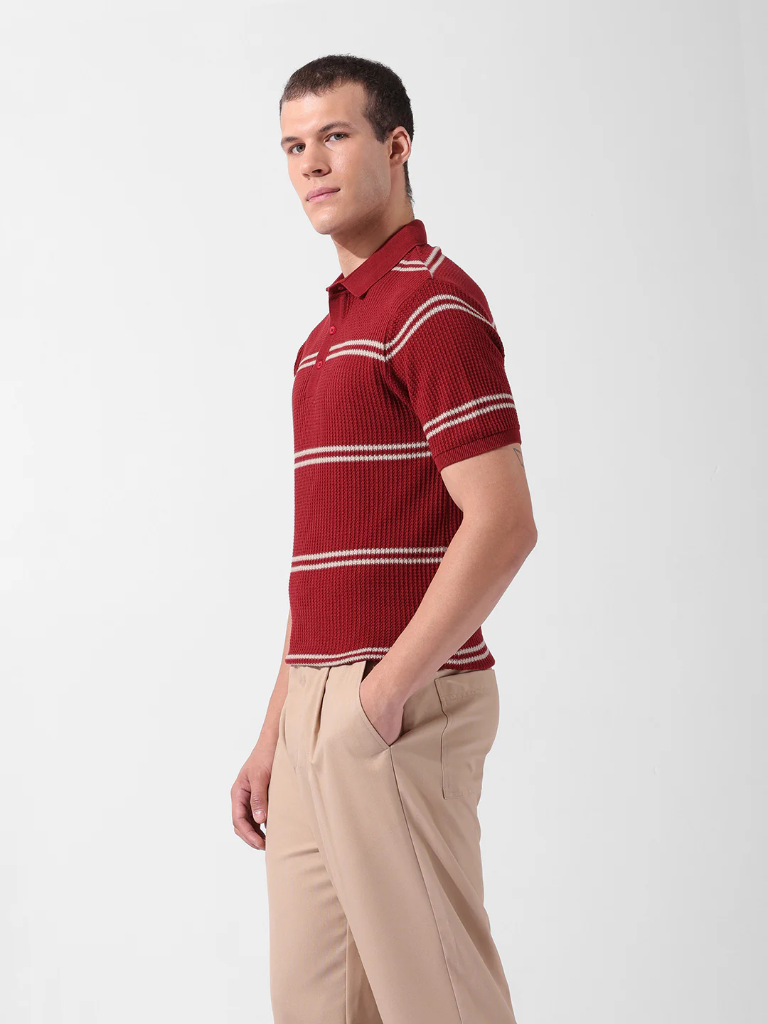 Men's Maroon Slim Fit Striped Flat Knit Polo T-Shirt - Image 5