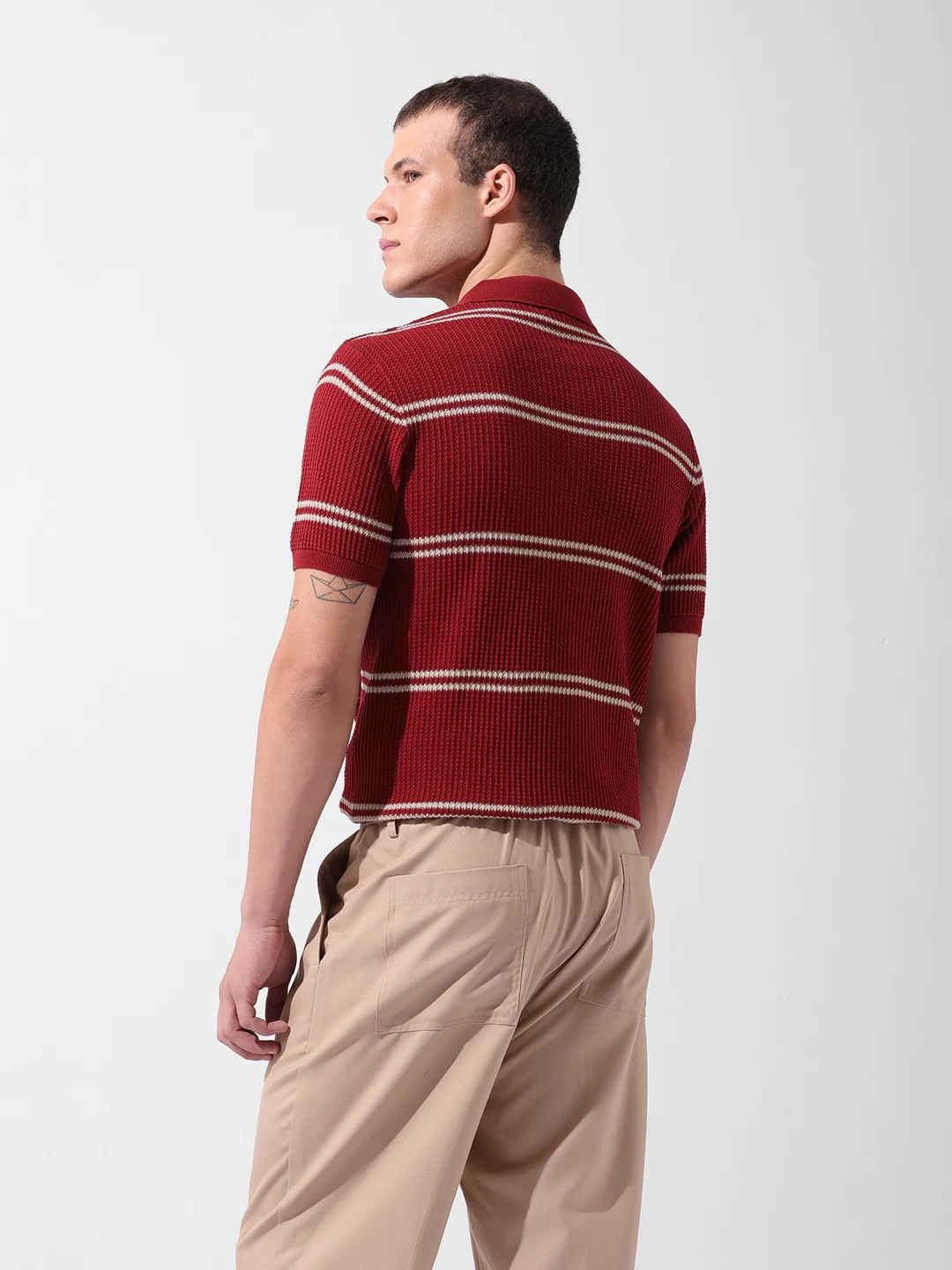 Men's Maroon Slim Fit Striped Flat Knit Polo T-Shirt - Image 6
