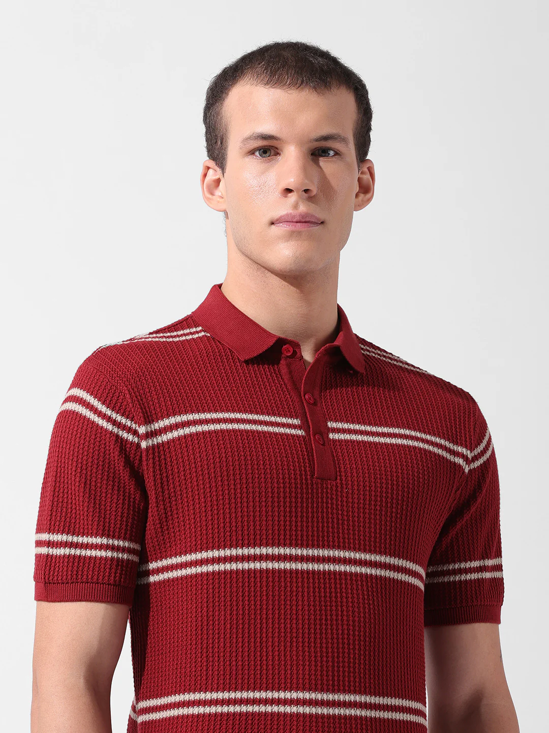 Men's Maroon Slim Fit Striped Flat Knit Polo T-Shirt - Image 7