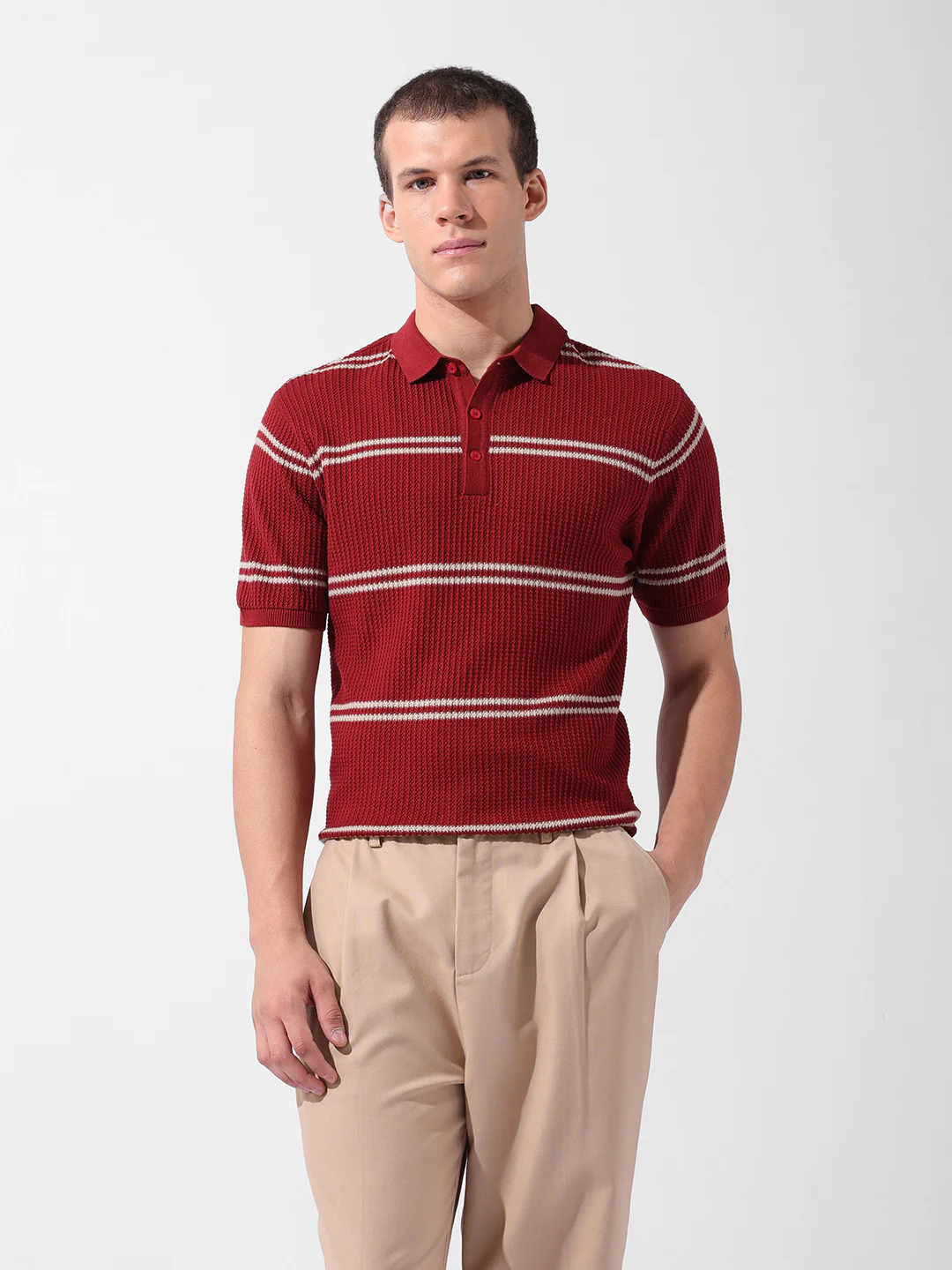 Men's Maroon Slim Fit Striped Flat Knit Polo T-Shirt - Image 8