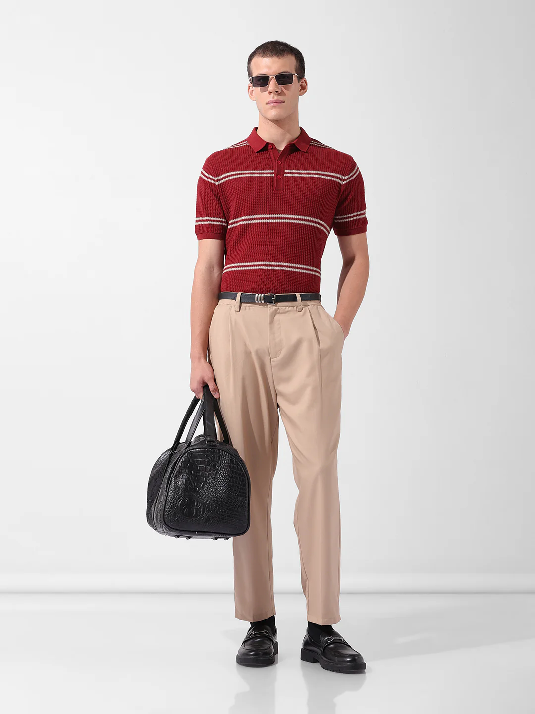 Men's Maroon Slim Fit Striped Flat Knit Polo T-Shirt - Image 9