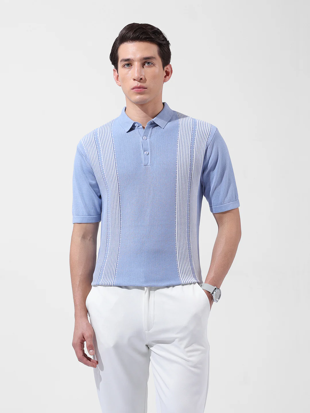 Men's Blue Slim Fit Striped Flat Knit Polo T-Shirt - Image 2