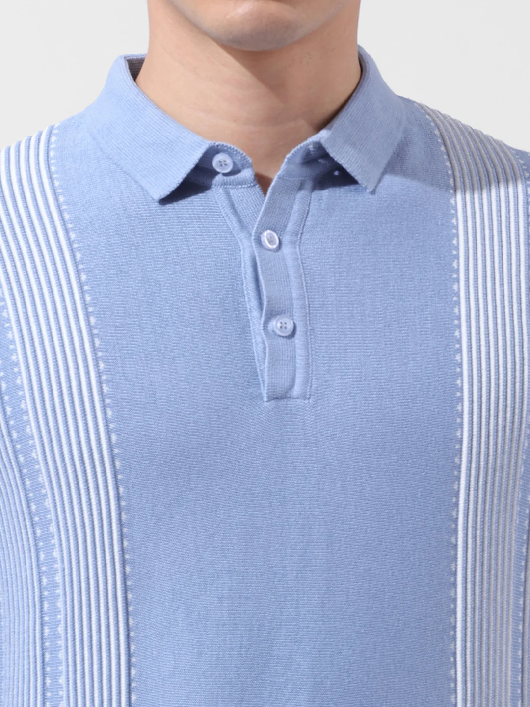 Men's Blue Slim Fit Striped Flat Knit Polo T-Shirt - Image 3