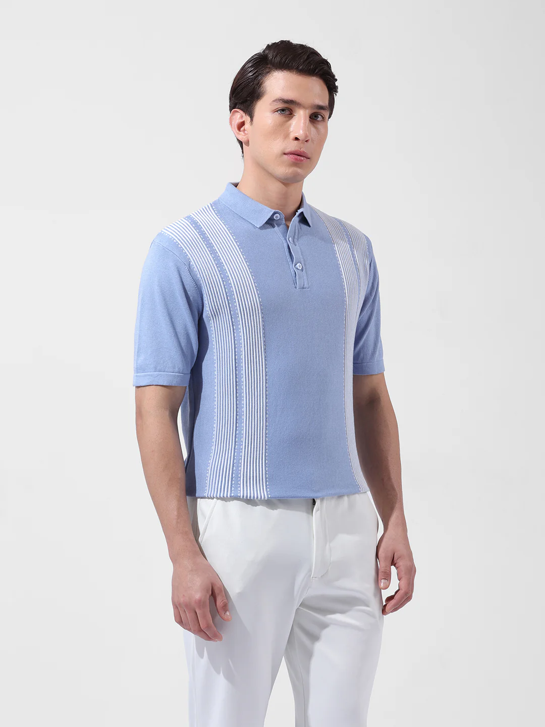 Men's Blue Slim Fit Striped Flat Knit Polo T-Shirt - Image 4