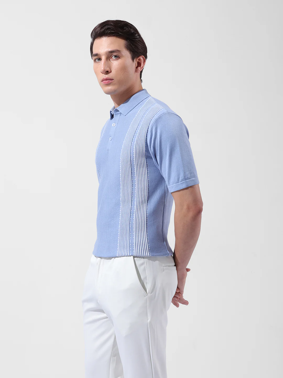 Men's Blue Slim Fit Striped Flat Knit Polo T-Shirt - Image 5
