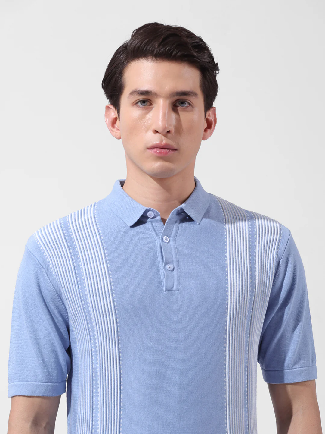 Men's Blue Slim Fit Striped Flat Knit Polo T-Shirt - Image 6