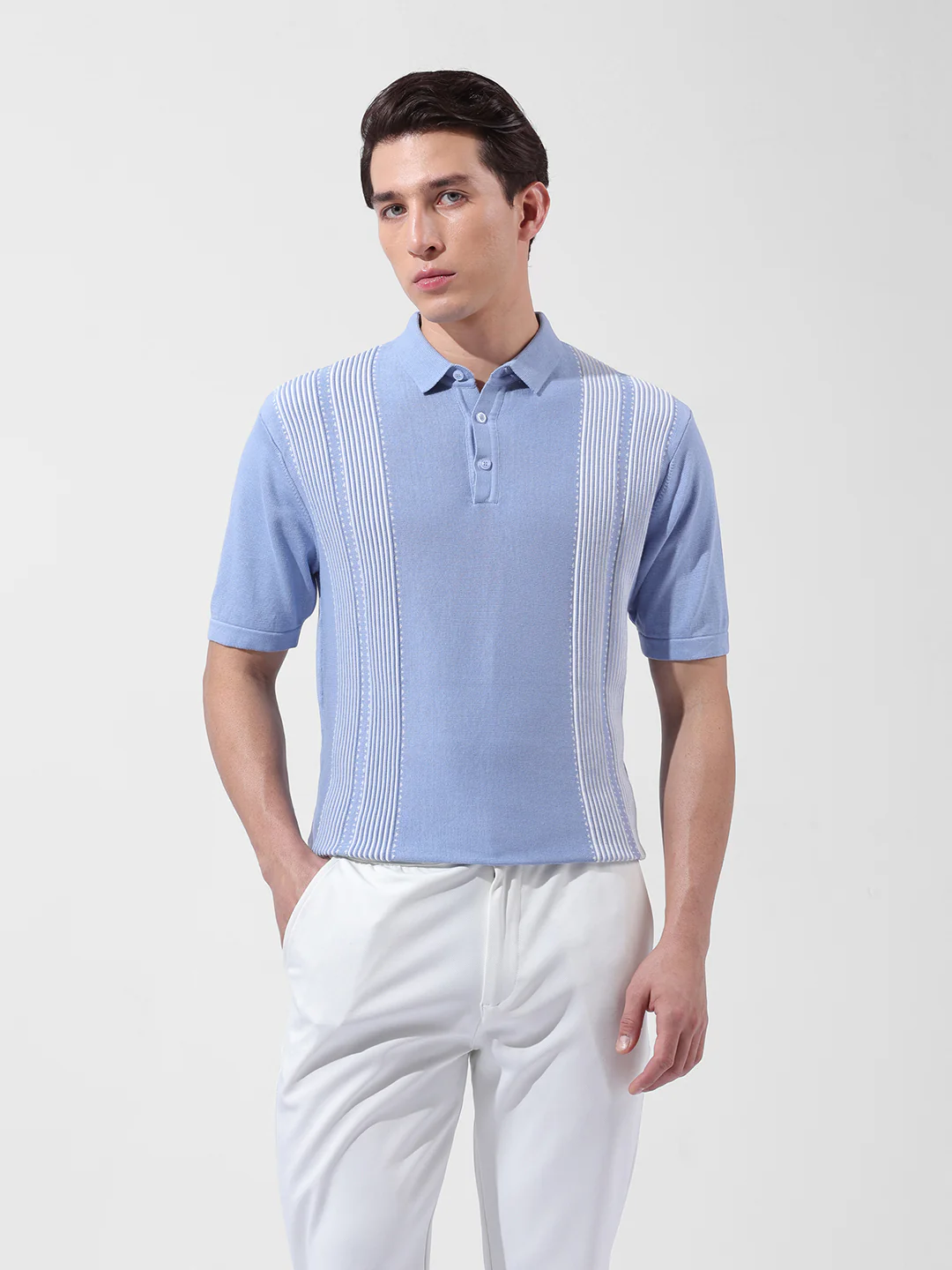 Men's Blue Slim Fit Striped Flat Knit Polo T-Shirt - Image 7