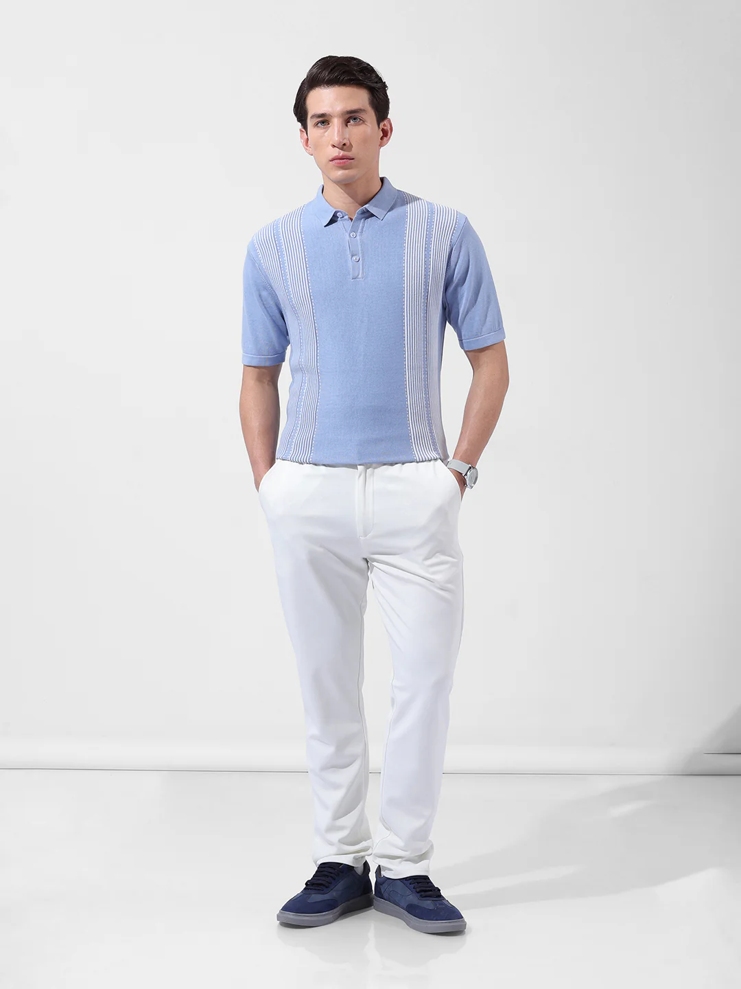 Men's Blue Slim Fit Striped Flat Knit Polo T-Shirt - Image 8