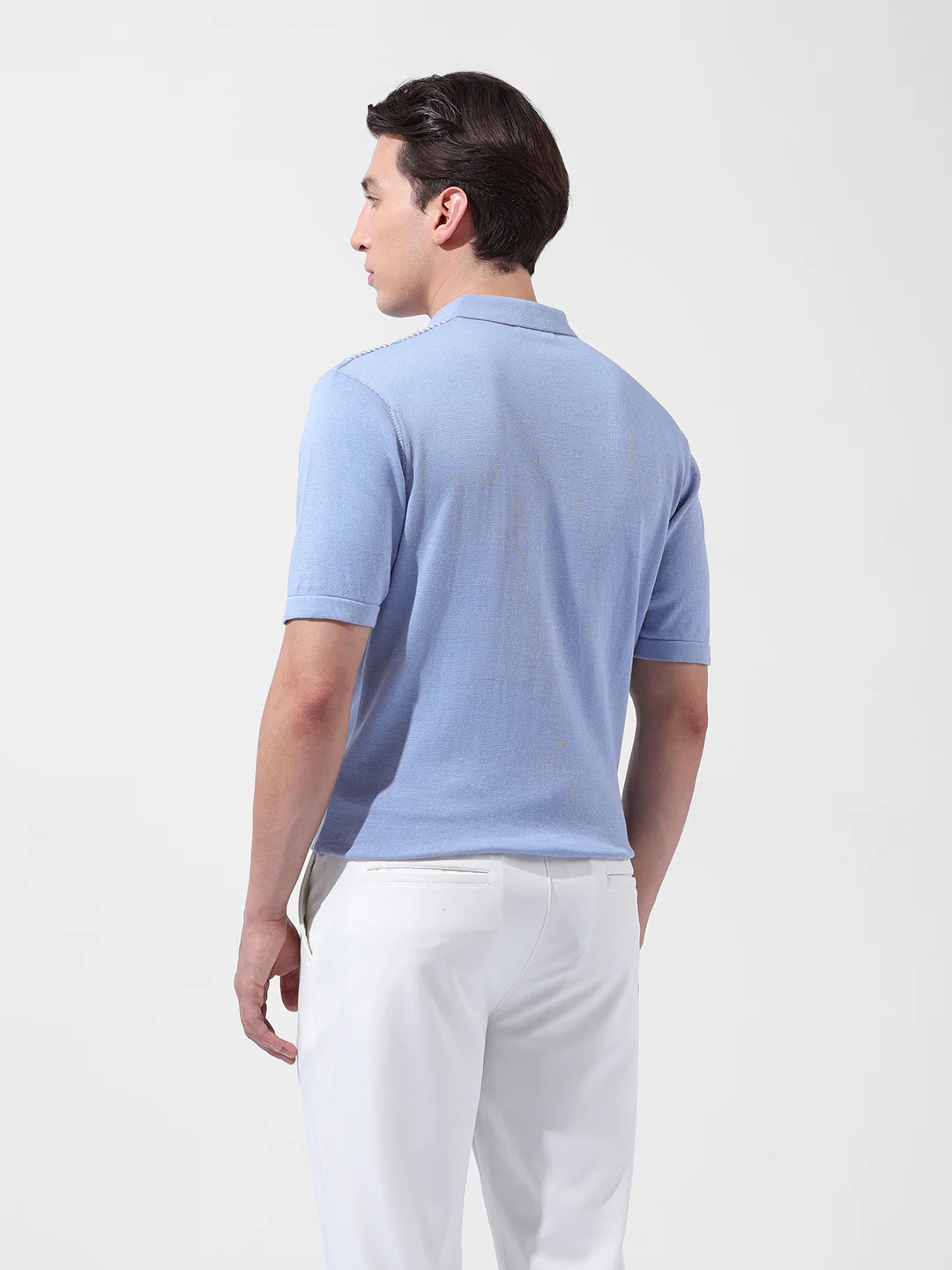 Men's Blue Slim Fit Striped Flat Knit Polo T-Shirt - Image 9