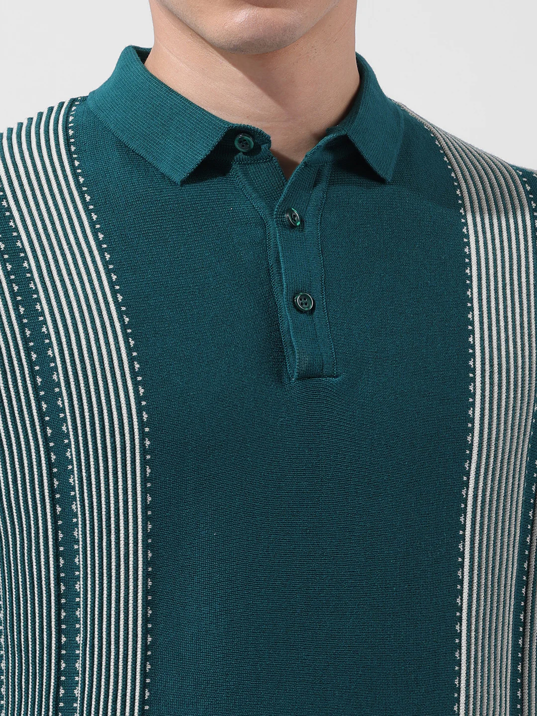 Men's Teal Slim Fit Striped Flat Knit Polo T-Shirt - Image 3