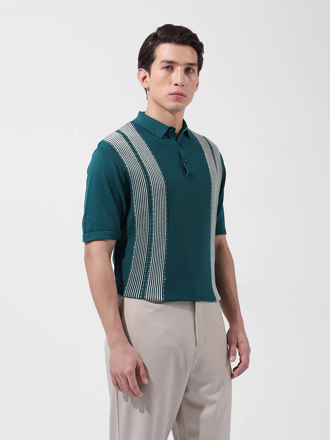 Men's Teal Slim Fit Striped Flat Knit Polo T-Shirt - Image 4
