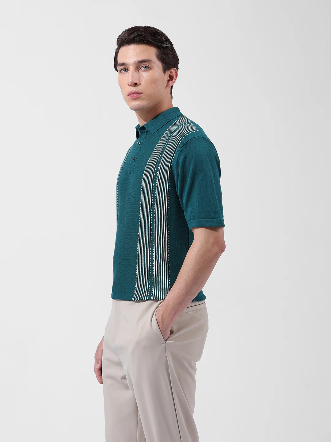 Men's Teal Slim Fit Striped Flat Knit Polo T-Shirt - Image 5