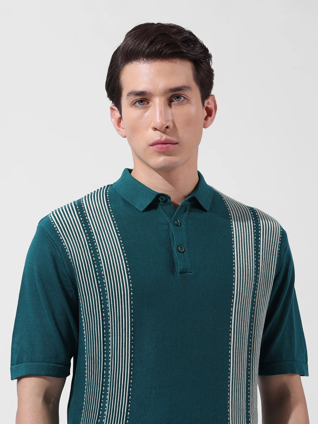 Men's Teal Slim Fit Striped Flat Knit Polo T-Shirt - Image 6