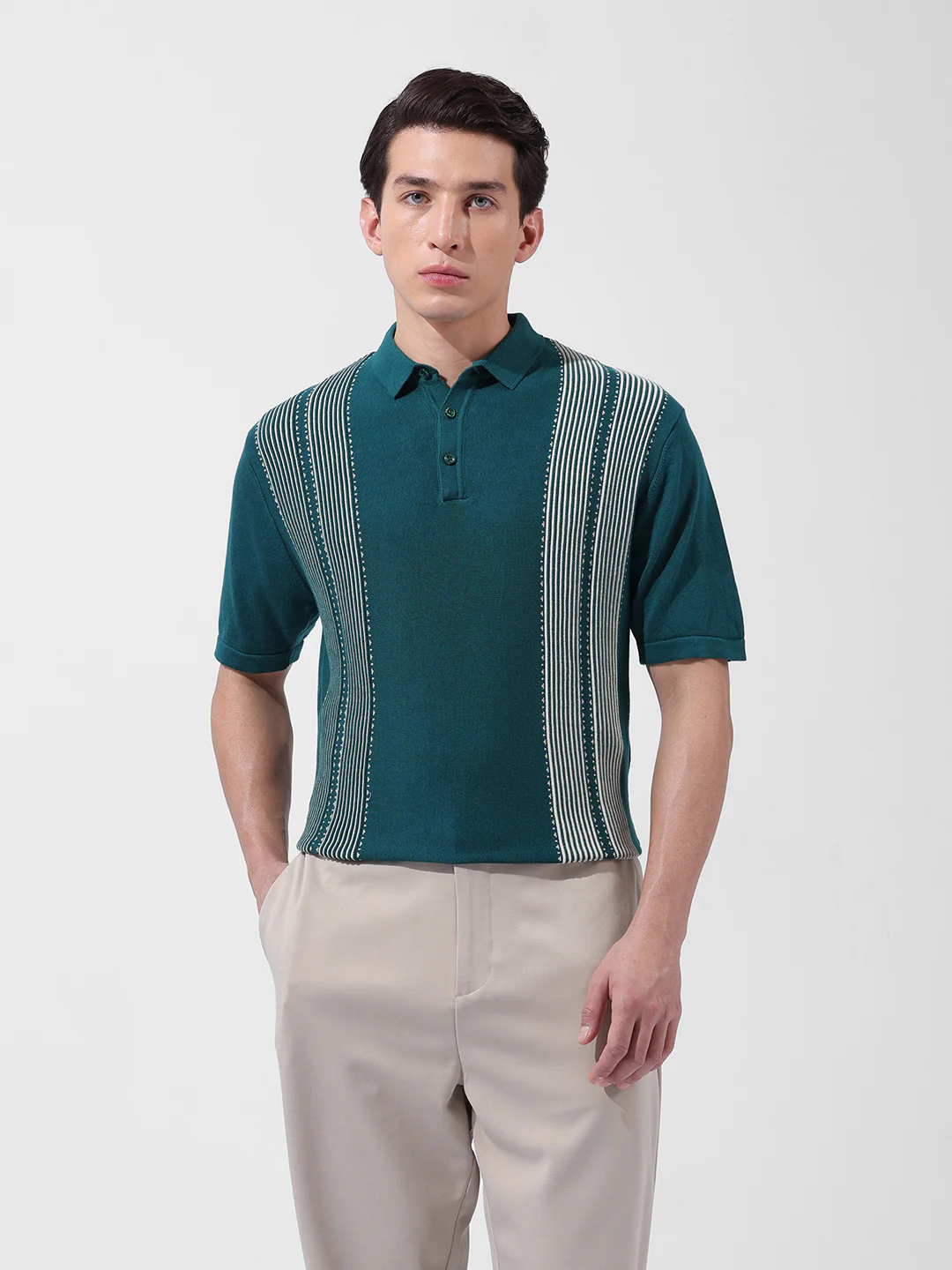 Men's Teal Slim Fit Striped Flat Knit Polo T-Shirt - Image 7