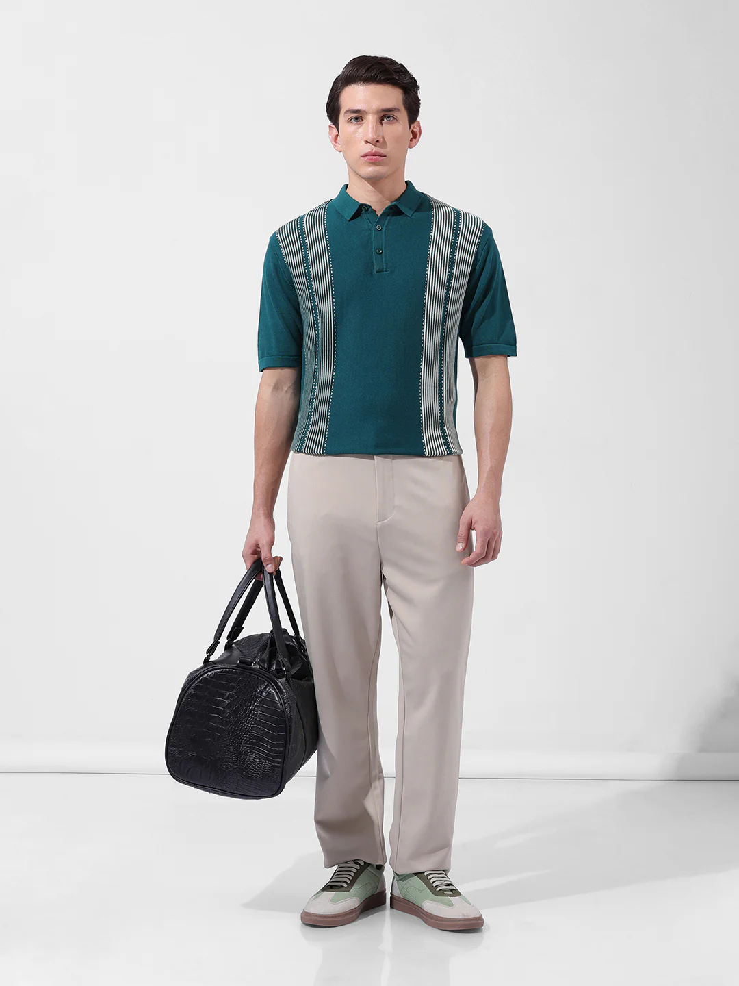 Men's Teal Slim Fit Striped Flat Knit Polo T-Shirt - Image 8