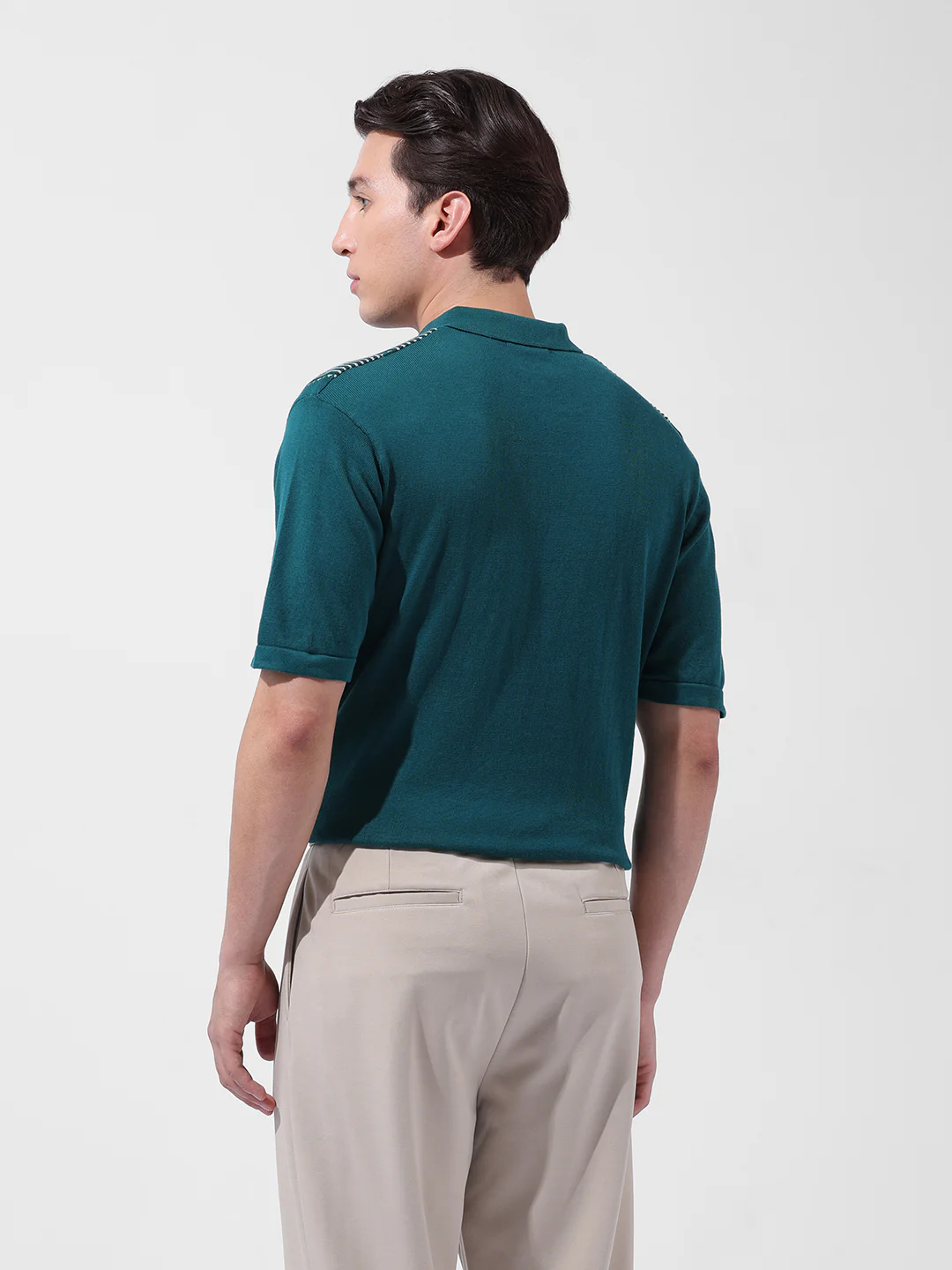Men's Teal Slim Fit Striped Flat Knit Polo T-Shirt - Image 9