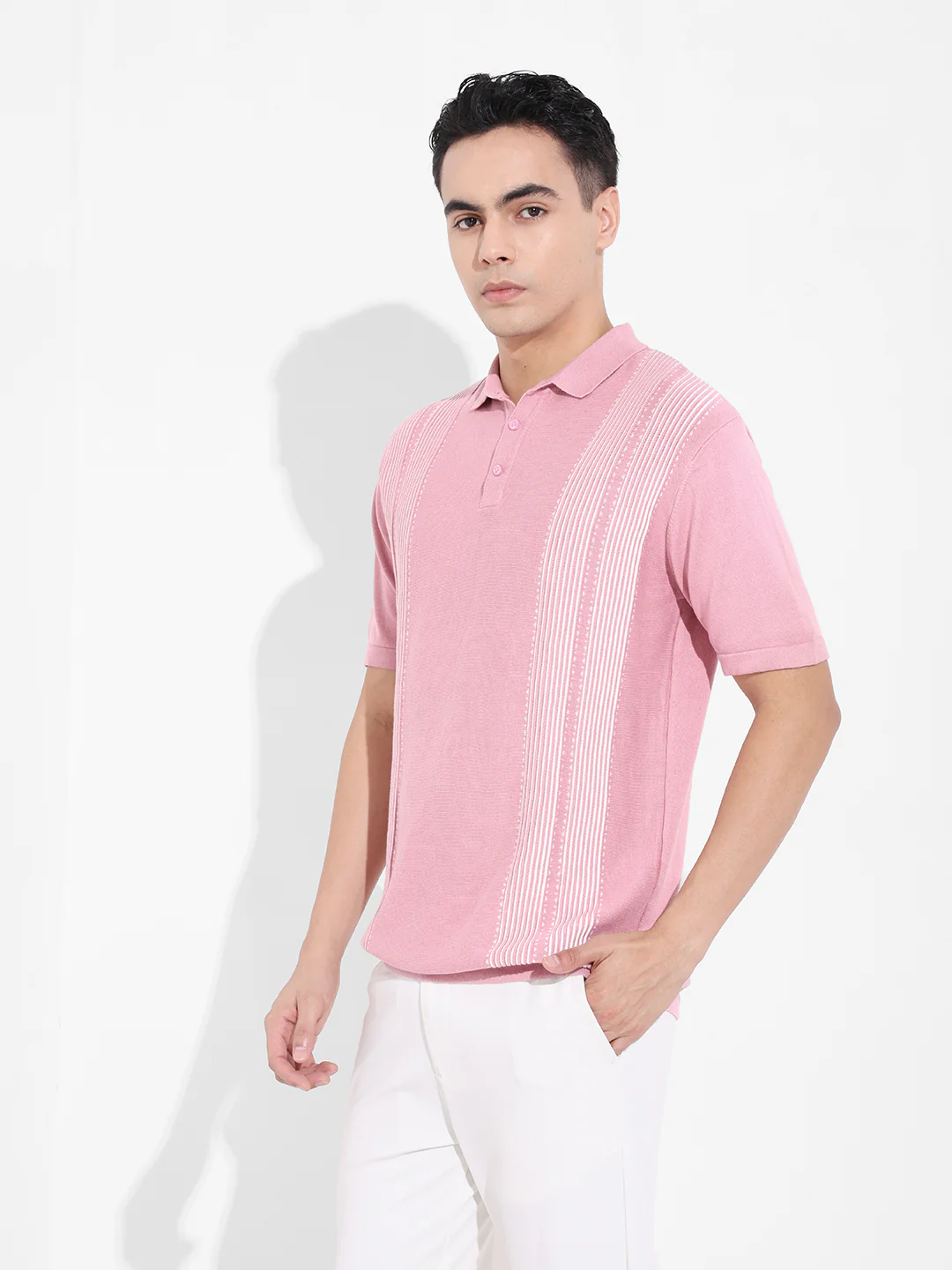 Men's Pink Slim Fit Striped Flat Knit Polo T-Shirt - Image 2