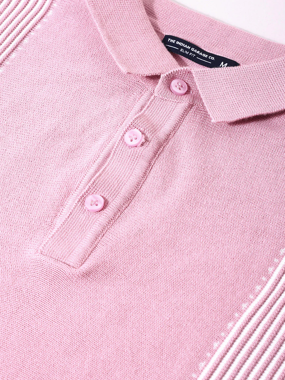 Men's Pink Slim Fit Striped Flat Knit Polo T-Shirt - Image 3