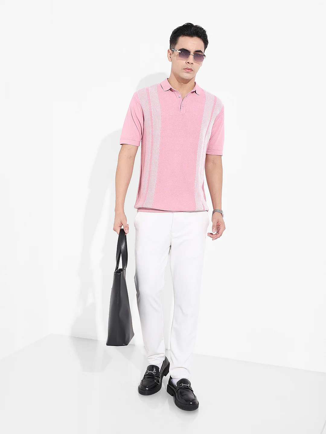 Men's Pink Slim Fit Striped Flat Knit Polo T-Shirt - Image 6