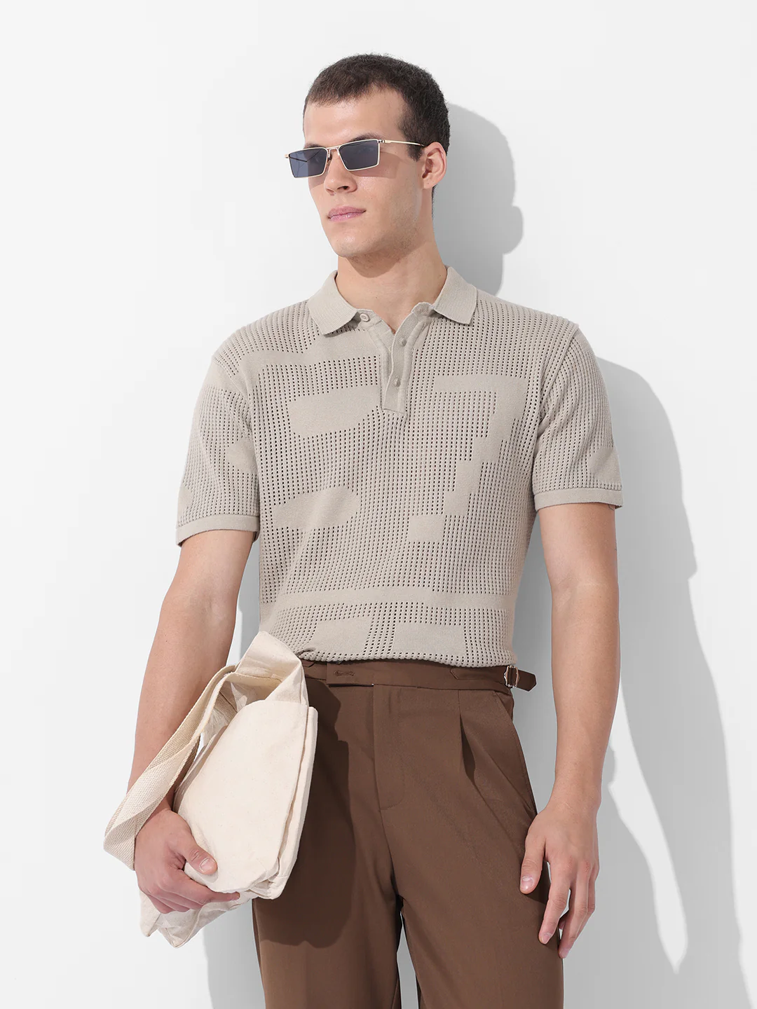 Men's Beige Slim Fit Solid Flat Knit Polo T-Shirt - Image 2