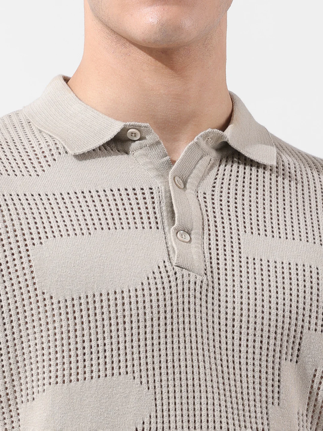 Men's Beige Slim Fit Solid Flat Knit Polo T-Shirt - Image 3