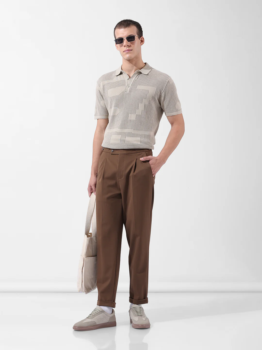 Men's Beige Slim Fit Solid Flat Knit Polo T-Shirt - Image 9