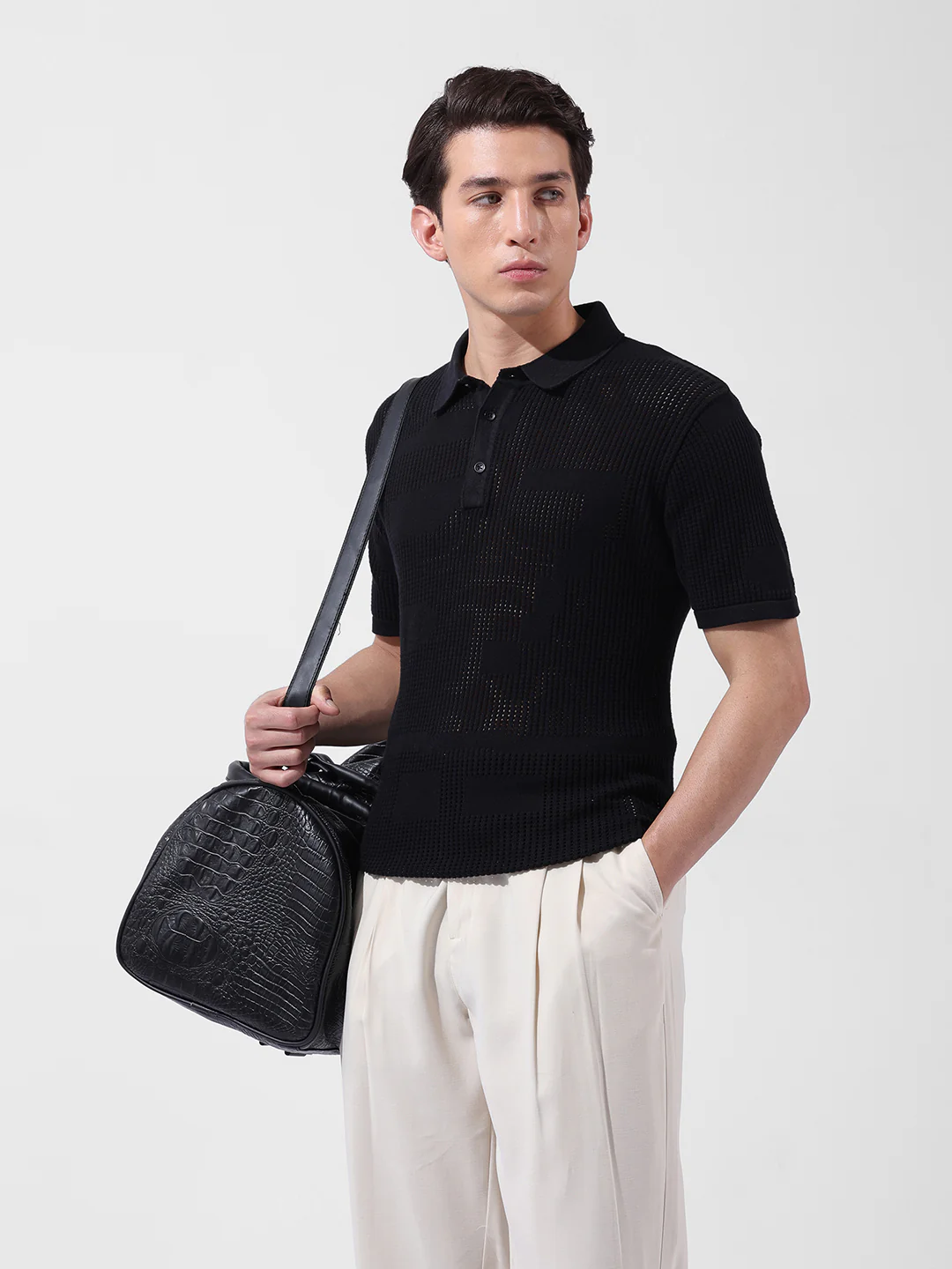 Men's Black Slim Fit Solid Flat Knit Polo T-Shirt - Image 2
