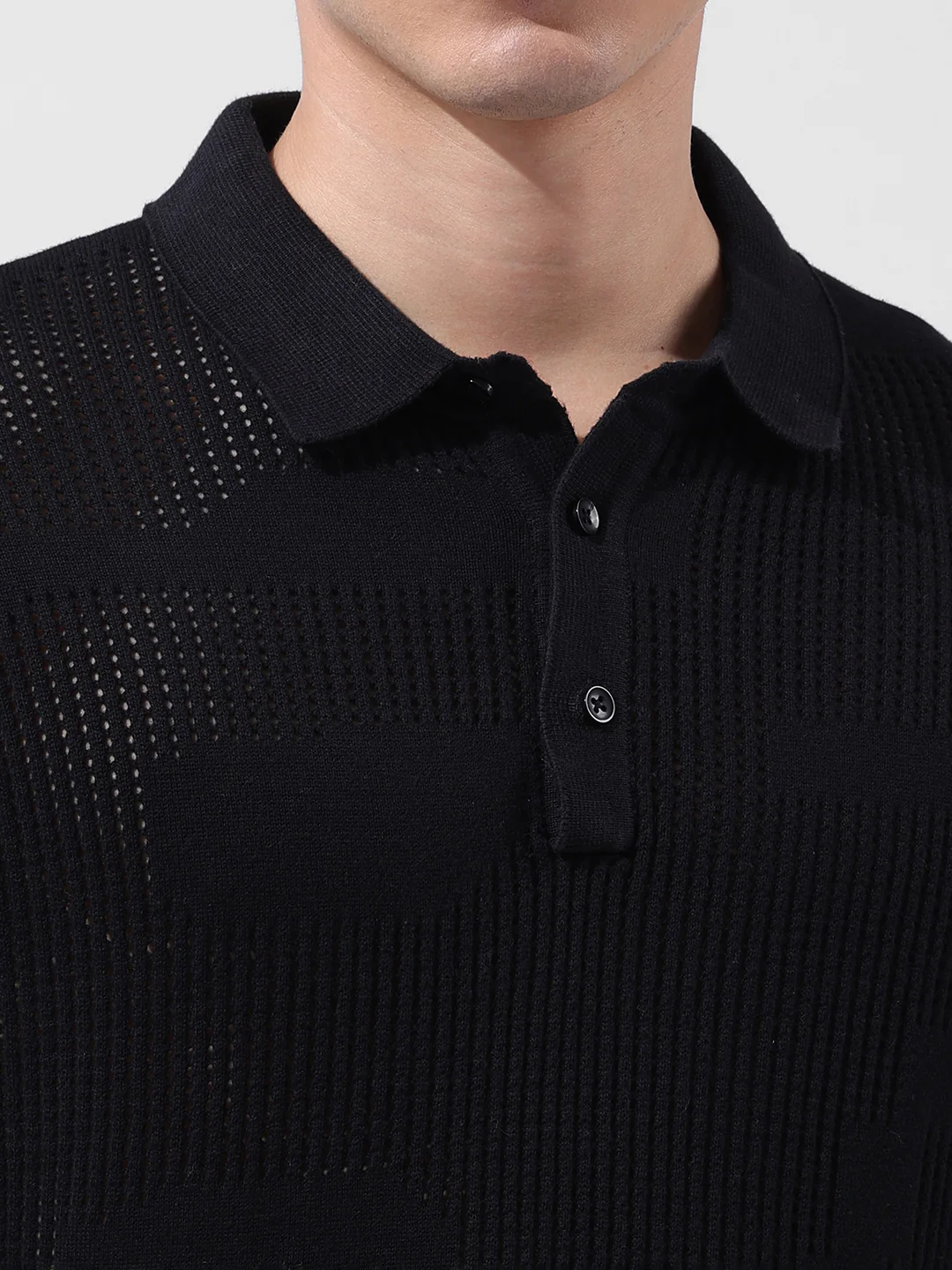 Men's Black Slim Fit Solid Flat Knit Polo T-Shirt - Image 3