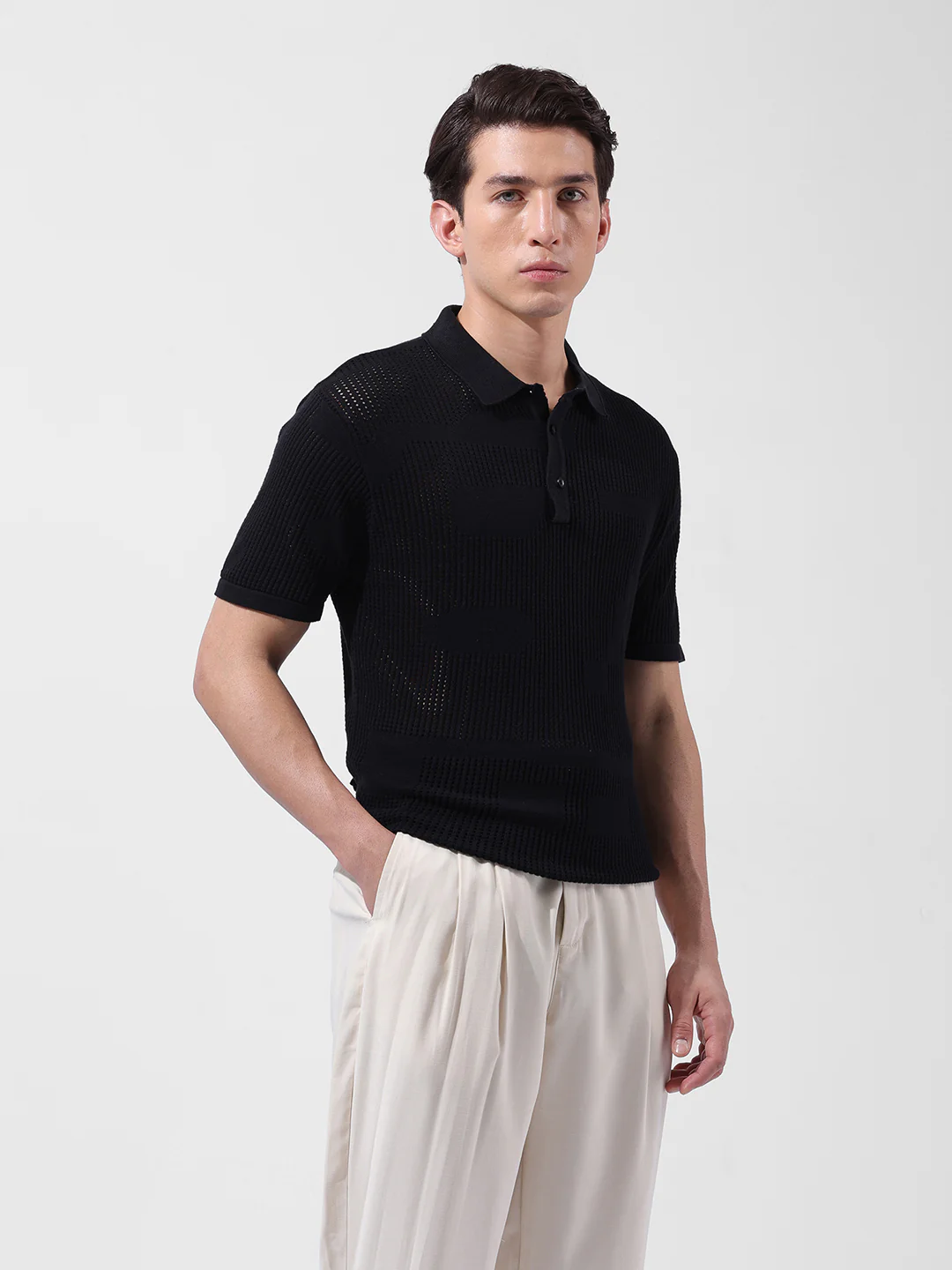 Men's Black Slim Fit Solid Flat Knit Polo T-Shirt - Image 4