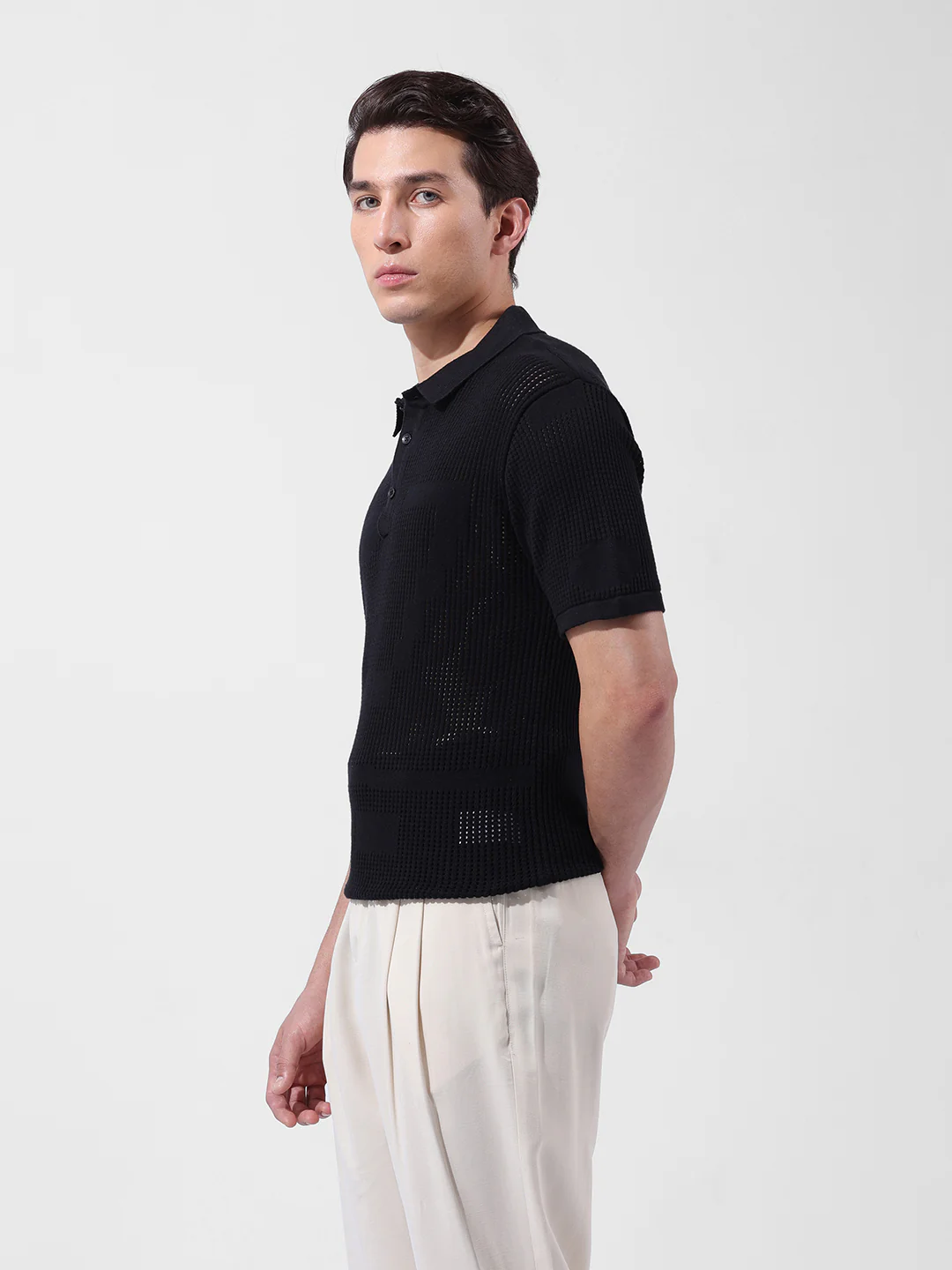 Men's Black Slim Fit Solid Flat Knit Polo T-Shirt - Image 5